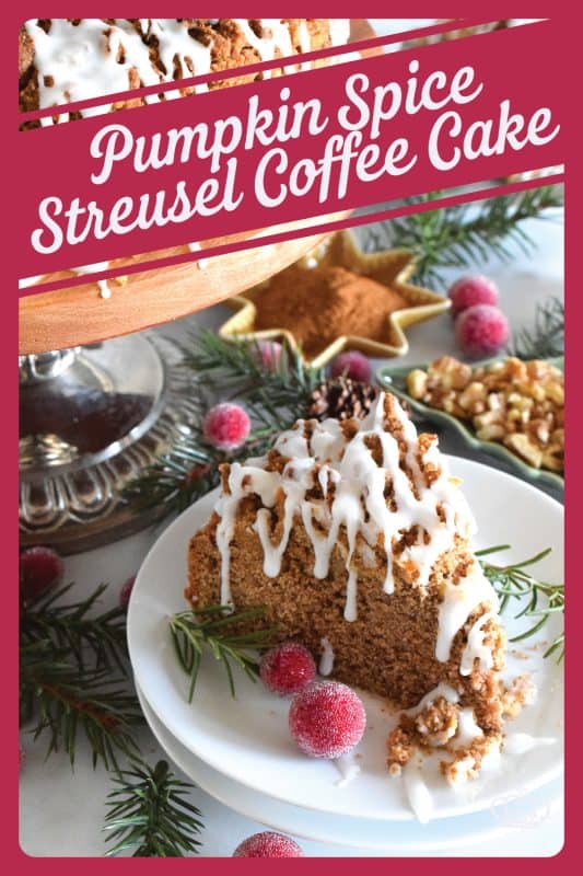 The old adage that simple is better certainly applies in the case of this Pumpkin Spice Streusel Coffee Cake. With a sweet walnut crumb topping, this delightful treat, served with a tea or coffee, is absolute perfection! – Serve with whipped cream and a drizzle of caramel sauce for a dressed up dessert! #pumpkin #pumpkinspice #streusel #cake #coffeecake
