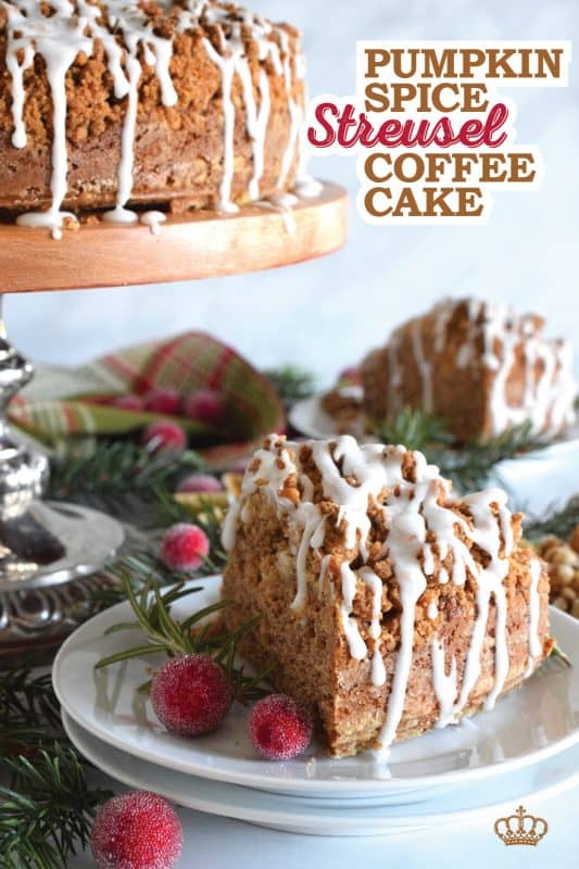 The old adage that simple is better certainly applies in the case of this Pumpkin Spice Streusel Coffee Cake. With a sweet walnut crumb topping, this delightful treat, served with a tea or coffee, is absolute perfection! – Serve with whipped cream and a drizzle of caramel sauce for a dressed up dessert! #pumpkin #pumpkinspice #streusel #cake #coffeecake