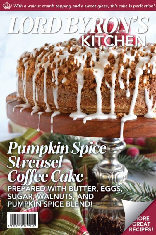 The old adage that simple is better certainly applies in the case of this Pumpkin Spice Streusel Coffee Cake. With a sweet walnut crumb topping, this delightful treat, served with a tea or coffee, is absolute perfection! – Serve with whipped cream and a drizzle of caramel sauce for a dressed up dessert! #pumpkin #pumpkinspice #streusel #cake #coffeecake