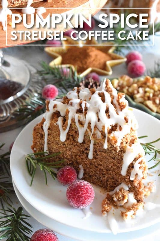 The old adage that simple is better certainly applies in the case of this Pumpkin Spice Streusel Coffee Cake. With a sweet walnut crumb topping, this delightful treat, served with a tea or coffee, is absolute perfection! – Serve with whipped cream and a drizzle of caramel sauce for a dressed up dessert! #pumpkin #pumpkinspice #streusel #cake #coffeecake