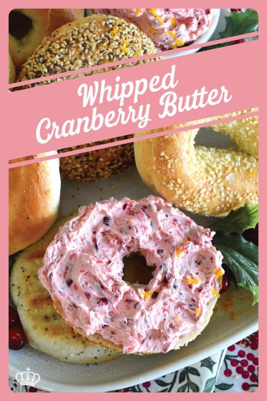 Fresh cranberries are combined with whipped salted butter, honey, cinnamon, nutmeg, sugar, and orange zest to create the most refreshingly delicious spread. Smear liberally onto toasted bagels, breakfast biscuits, or warm croissants. It's so good when melted into the nooks and crannies of an English muffin and topped with slices of crispy bacon! #butter #cranberry #spread #citrus #zest #orange #fresh