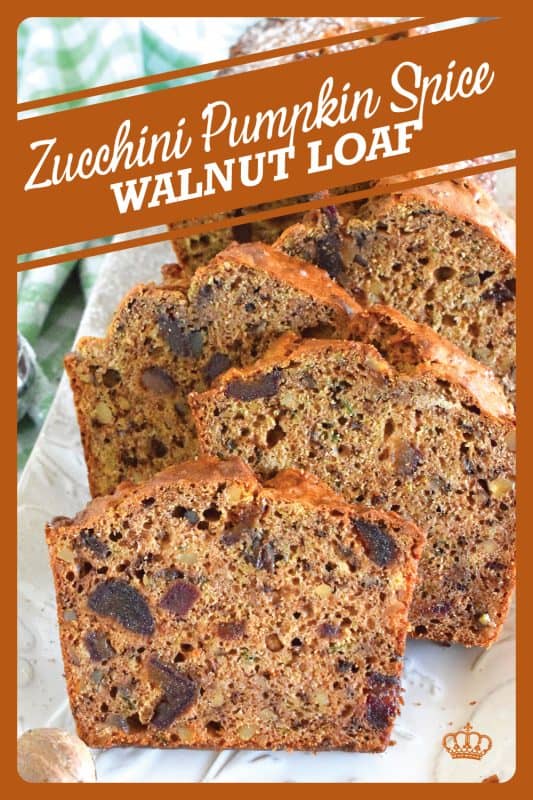 Best served with tea as an afternoon snack, this Zucchini Pumpkin Spice Walnut Loaf is very moist and packed with shredded zucchini, sweet chopped dates, and crunchy walnuts. Loaded with pumpkin spice seasoning blend, this loaf makes a great gift idea, and can be easily frozen for later too! #zucchini #loaf #bread #pumpkinspice #pumpkin
