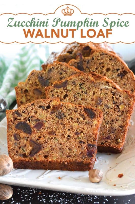 Best served with tea as an afternoon snack, this Zucchini Pumpkin Spice Walnut Loaf is very moist and packed with shredded zucchini, sweet chopped dates, and crunchy walnuts. Loaded with pumpkin spice seasoning blend, this loaf makes a great gift idea, and can be easily frozen for later too! #zucchini #loaf #bread #pumpkinspice #pumpkin