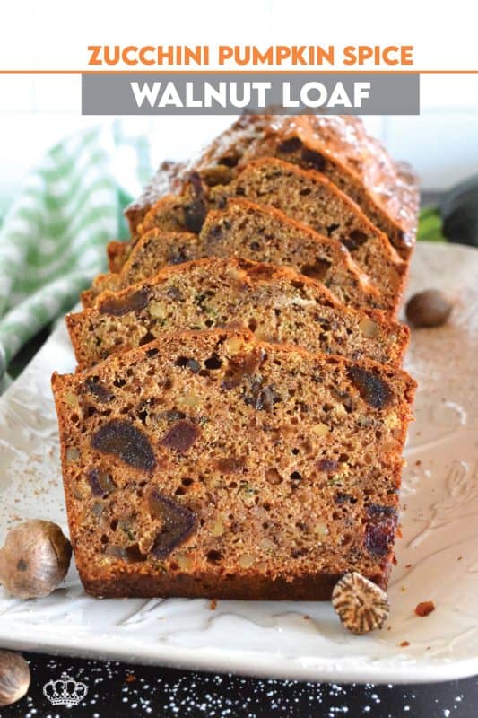 Best served with tea as an afternoon snack, this Zucchini Pumpkin Spice Walnut Loaf is very moist and packed with shredded zucchini, sweet chopped dates, and crunchy walnuts. Loaded with pumpkin spice seasoning blend, this loaf makes a great gift idea, and can be easily frozen for later too! #zucchini #loaf #bread #pumpkinspice #pumpkin
