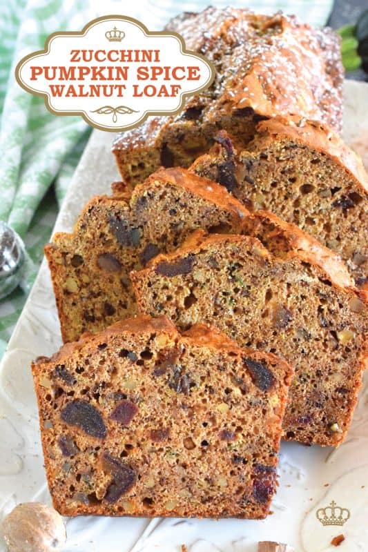 Best served with tea as an afternoon snack, this Zucchini Pumpkin Spice Walnut Loaf is very moist and packed with shredded zucchini, sweet chopped dates, and crunchy walnuts. Loaded with pumpkin spice seasoning blend, this loaf makes a great gift idea, and can be easily frozen for later too! #zucchini #loaf #bread #pumpkinspice #pumpkin