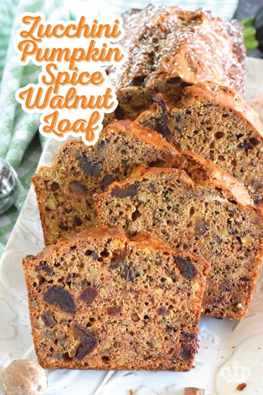 Best served with tea as an afternoon snack, this Zucchini Pumpkin Spice Walnut Loaf is very moist and packed with shredded zucchini, sweet chopped dates, and crunchy walnuts. Loaded with pumpkin spice seasoning blend, this loaf makes a great gift idea, and can be easily frozen for later too! #zucchini #loaf #bread #pumpkinspice #pumpkin