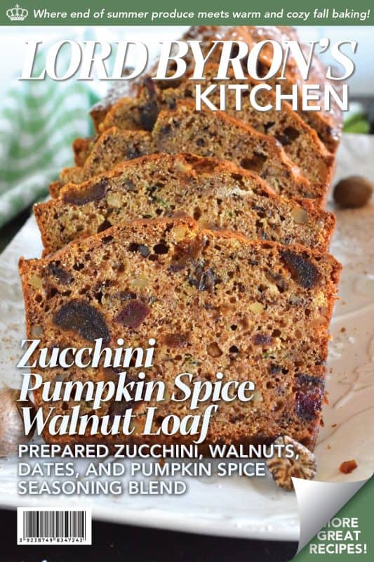 Best served with tea as an afternoon snack, this Zucchini Pumpkin Spice Walnut Loaf is very moist and packed with shredded zucchini, sweet chopped dates, and crunchy walnuts. Loaded with pumpkin spice seasoning blend, this loaf makes a great gift idea, and can be easily frozen for later too! #zucchini #loaf #bread #pumpkinspice #pumpkin