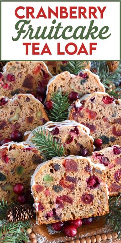 Serve this Cranberry Fruitcake Tea Loaf with a cup of hot tea and enjoy some peace and quiet on a lazy, snowy afternoon. Prepared with fresh cranberries, walnuts, and dried and candied fruit which have been soaked in brewed tea to soften and moisten. This tea loaf is delicious! #cranberry #fruitcake #tealoaf #christmas #tea