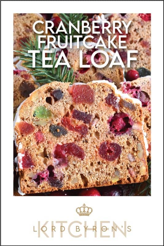 Serve this Cranberry Fruitcake Tea Loaf with a cup of hot tea and enjoy some peace and quiet on a lazy, snowy afternoon. Prepared with fresh cranberries, walnuts, and dried and candied fruit which have been soaked in brewed tea to soften and moisten. This tea loaf is delicious! #cranberry #fruitcake #tealoaf #christmas #tea