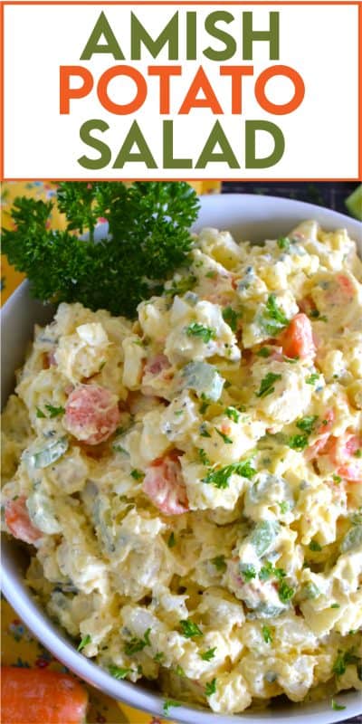Ten years ago on a family road trip to Pennsylvannia, I tasted this Amish Potato Salad for the first time at a roadside barbecue restaurant.  It took me ten years to find that exact recipe! With a sweet, tangy, sour dressing, and it's distinctive yellow colour, this potato salad is absolute perfection! #amish #potatosalad #salad #amishsalad