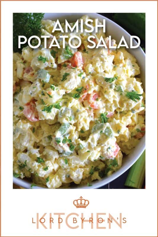 Ten years ago on a family road trip to Pennsylvannia, I tasted this Amish Potato Salad for the first time at a roadside barbecue restaurant.  It took me ten years to find that exact recipe! With a sweet, tangy, sour dressing, and it's distinctive yellow colour, this potato salad is absolute perfection! #amish #potatosalad #salad #amishsalad