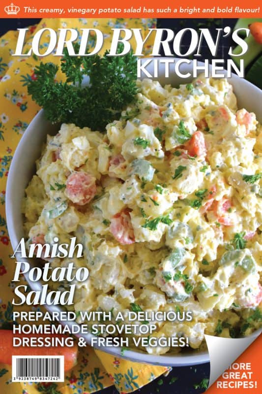 Ten years ago on a family road trip to Pennsylvannia, I tasted this Amish Potato Salad for the first time at a roadside barbecue restaurant.  It took me ten years to find that exact recipe! With a sweet, tangy, sour dressing, and it's distinctive yellow colour, this potato salad is absolute perfection! #amish #potatosalad #salad #amishsalad