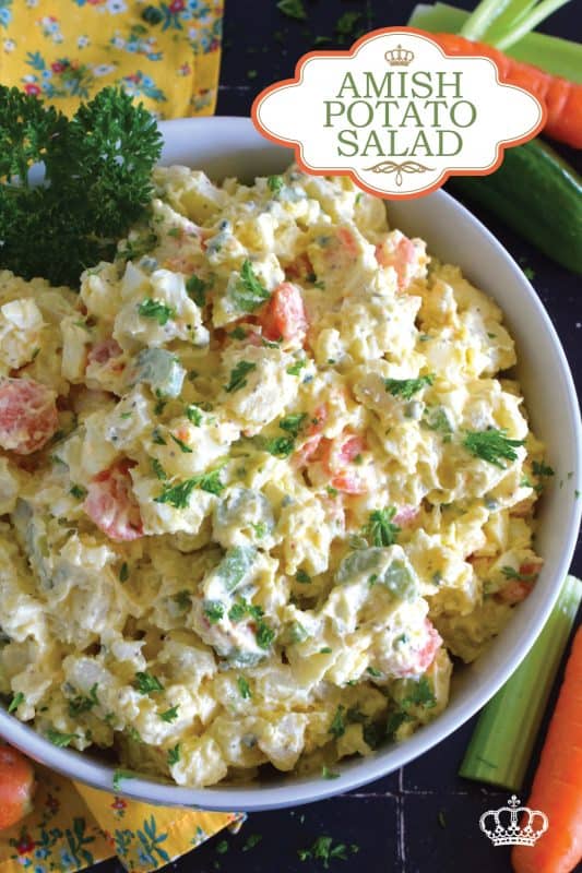 Ten years ago on a family road trip to Pennsylvannia, I tasted this Amish Potato Salad for the first time at a roadside barbecue restaurant.  It took me ten years to find that exact recipe! With a sweet, tangy, sour dressing, and it's distinctive yellow colour, this potato salad is absolute perfection! #amish #potatosalad #salad #amishsalad