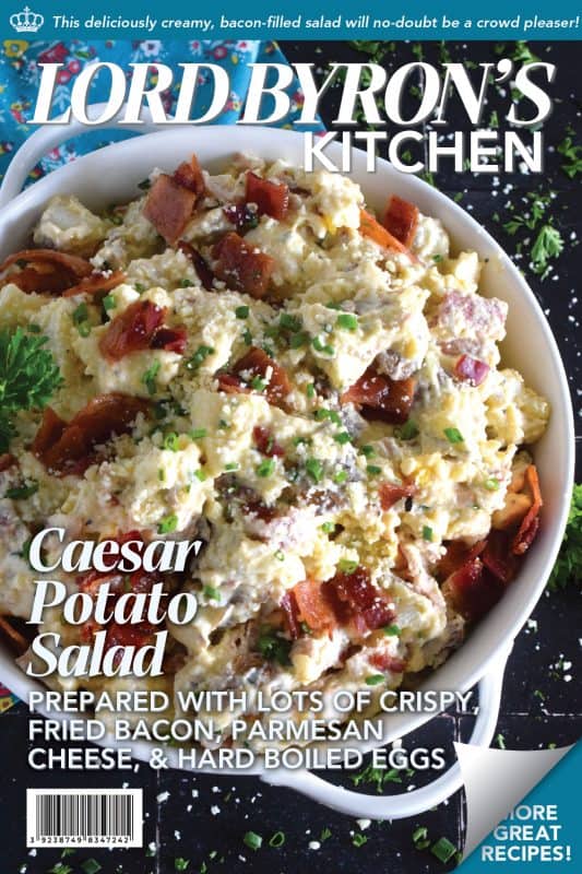 Forego the chopped lettuce and replace it with cubed baked potato to make the most delicious Caesar Potato Salad.  Loaded with bacon, hard-boiled eggs, fresh chives, and parmesan cheese, this salad is tossed with a caesar and mayo dressing.  #caesar #salad #potato #potatosalad #bakedpotato
