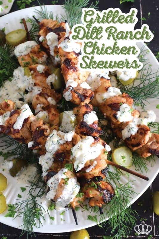 Grilled Dill Ranch Chicken Skewers are prepared by marinating boneless, skinless chicken thighs in dill pickle juice with seasonings and oil. Grilled to perfection, the chicken skewers are drizzled with a homemade dill ranch sauce. They’re moist, saucy, garlicky, and savoury! #dill #ranch #chicken #skewers #grilled #chickenthighs #dillranch #sauce