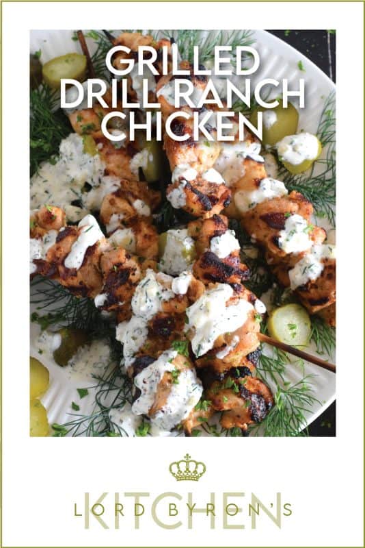 Grilled Dill Ranch Chicken Skewers are prepared by marinating boneless, skinless chicken thighs in dill pickle juice with seasonings and oil. Grilled to perfection, the chicken skewers are drizzled with a homemade dill ranch sauce. They’re moist, saucy, garlicky, and savoury! #dill #ranch #chicken #skewers #grilled #chickenthighs #dillranch #sauce