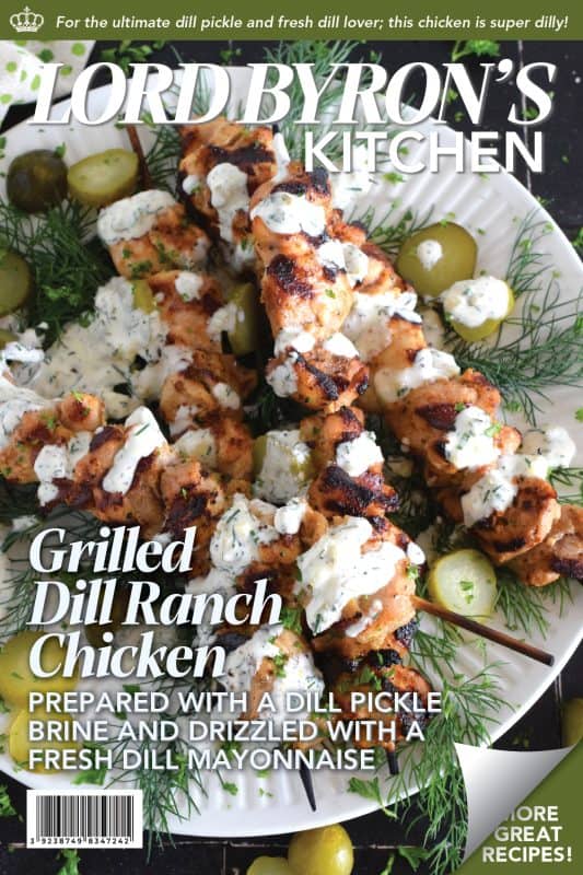 Grilled Dill Ranch Chicken Skewers are prepared by marinating boneless, skinless chicken thighs in dill pickle juice with seasonings and oil. Grilled to perfection, the chicken skewers are drizzled with a homemade dill ranch sauce. They’re moist, saucy, garlicky, and savoury! #dill #ranch #chicken #skewers #grilled #chickenthighs #dillranch #sauce