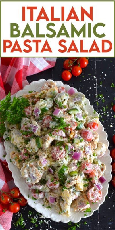 It's the combination of creamy mayonnaise with balsamic vinaigrette that makes this Italian-style pasta salad so delicious! Prepared with cheese-filled tortellini, cucumbers, tomatoes, red onions, celery, and parmesan, this salad is the perfect summer side! #pastasalad #pasta #balsamic #tortellini #side #summerside