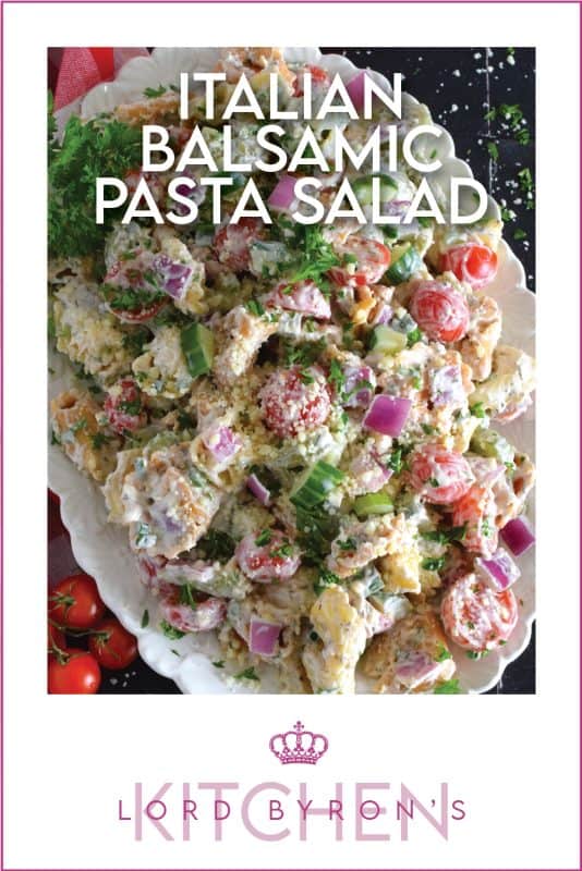 It's the combination of creamy mayonnaise with balsamic vinaigrette that makes this Italian-style pasta salad so delicious! Prepared with cheese-filled tortellini, cucumbers, tomatoes, red onions, celery, and parmesan, this salad is the perfect summer side! #pastasalad #pasta #balsamic #tortellini #side #summerside