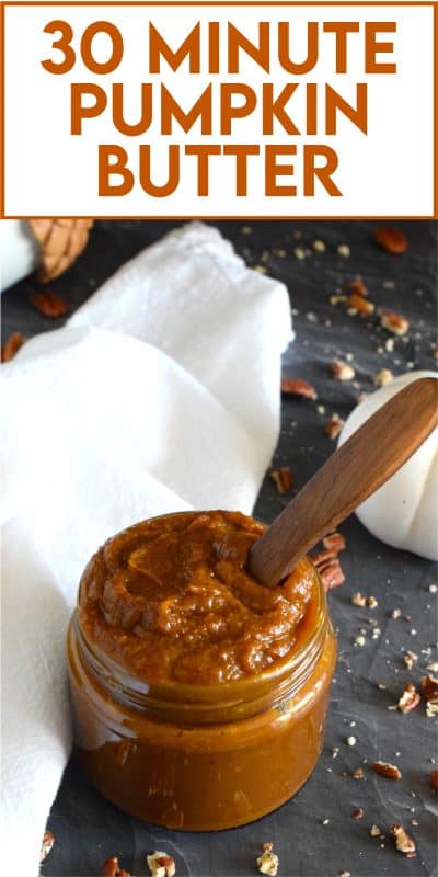 For the pumpkin spice lover, this 30 Minute Pumpkin Butter is prepared with both pumpkin puree and pumpkin spice seasoning. Sweetened with brown sugar and maple syrup, it's delicious spread generously on toast, stirred into coffee, ice cream, or yogurt, and it's wonderful on pancakes or waffles! #pumpkin #pumpkinspice #pumpkinbutter #30minute