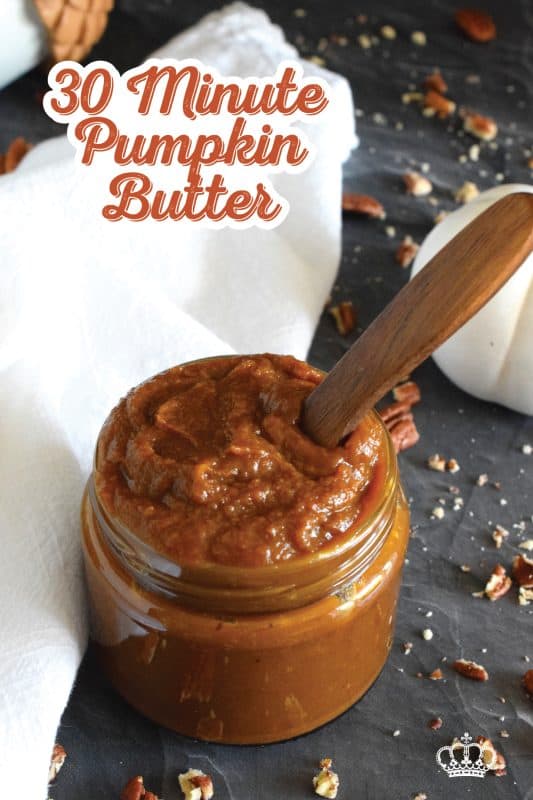 For the pumpkin spice lover, this 30 Minute Pumpkin Butter is prepared with both pumpkin puree and pumpkin spice seasoning. Sweetened with brown sugar and maple syrup, it's delicious spread generously on toast, stirred into coffee, ice cream, or yogurt, and it's wonderful on pancakes or waffles! #pumpkin #pumpkinspice #pumpkinbutter #30minute
