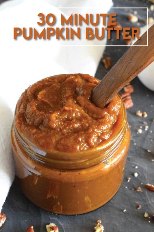 For the pumpkin spice lover, this 30 Minute Pumpkin Butter is prepared with both pumpkin puree and pumpkin spice seasoning. Sweetened with brown sugar and maple syrup, it's delicious spread generously on toast, stirred into coffee, ice cream, or yogurt, and it's wonderful on pancakes or waffles! #pumpkin #pumpkinspice #pumpkinbutter #30minute