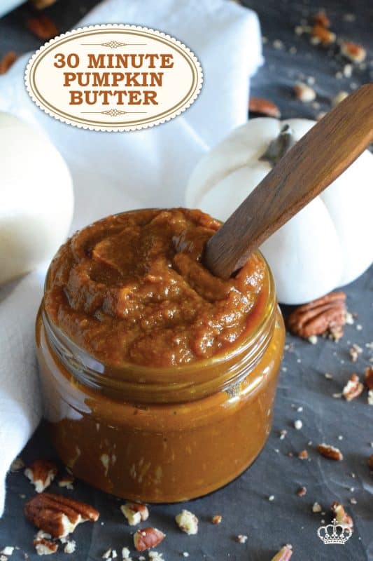 For the pumpkin spice lover, this 30 Minute Pumpkin Butter is prepared with both pumpkin puree and pumpkin spice seasoning. Sweetened with brown sugar and maple syrup, it's delicious spread generously on toast, stirred into coffee, ice cream, or yogurt, and it's wonderful on pancakes or waffles! #pumpkin #pumpkinspice #pumpkinbutter #30minute