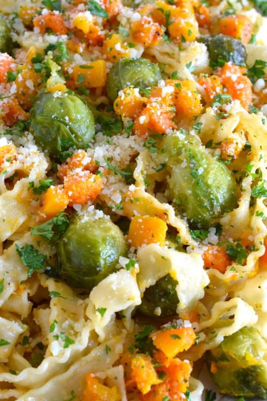 Squash and Sprouts Butter Parmesan Pasta is prepared with both brussels sprouts and butternut squash, making this pasta dish perfect for a cool, autumn evening dinner! Utilizing frozen veggies, this pasta is not only super delicious, but it comes together quite quickly with very little prep work too! #pasta #squash #butternut #sprouts #brussels
