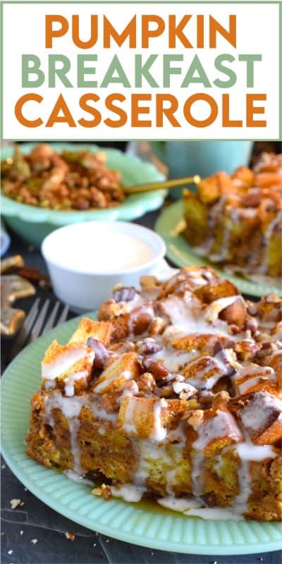 For me, the ultimate comfort food is a casserole. To make it even more comforting, add the warming and cozy flavours of pumpkin spice with pumpkin puree to this Pumpkin Breakfast Casserole! Prepared the night before, brioche bread is layered with chopped pecans and soaked in a pumpkin-infused custard made with cream, maple syrup, and vanilla. Comfort food doesn't get any better than that! #pumpkinspice #casserole #breakfast #brioche #frenchtoast #custard