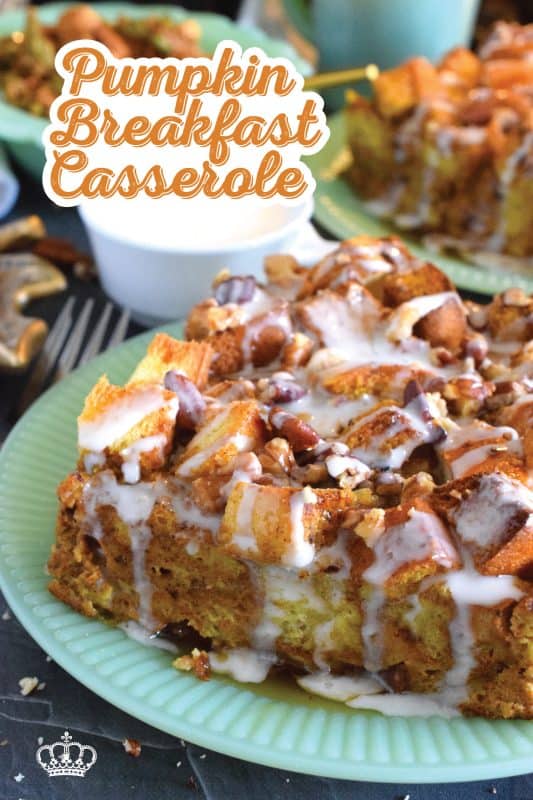 For me, the ultimate comfort food is a casserole. To make it even more comforting, add the warming and cozy flavours of pumpkin spice with pumpkin puree to this Pumpkin Breakfast Casserole! Prepared the night before, brioche bread is layered with chopped pecans and soaked in a pumpkin-infused custard made with cream, maple syrup, and vanilla. Comfort food doesn't get any better than that! #pumpkinspice #casserole #breakfast #brioche #frenchtoast #custard