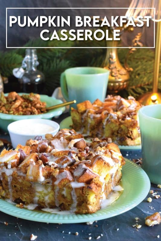 For me, the ultimate comfort food is a casserole. To make it even more comforting, add the warming and cozy flavours of pumpkin spice with pumpkin puree to this Pumpkin Breakfast Casserole! Prepared the night before, brioche bread is layered with chopped pecans and soaked in a pumpkin-infused custard made with cream, maple syrup, and vanilla. Comfort food doesn't get any better than that! #pumpkinspice #casserole #breakfast #brioche #frenchtoast #custard