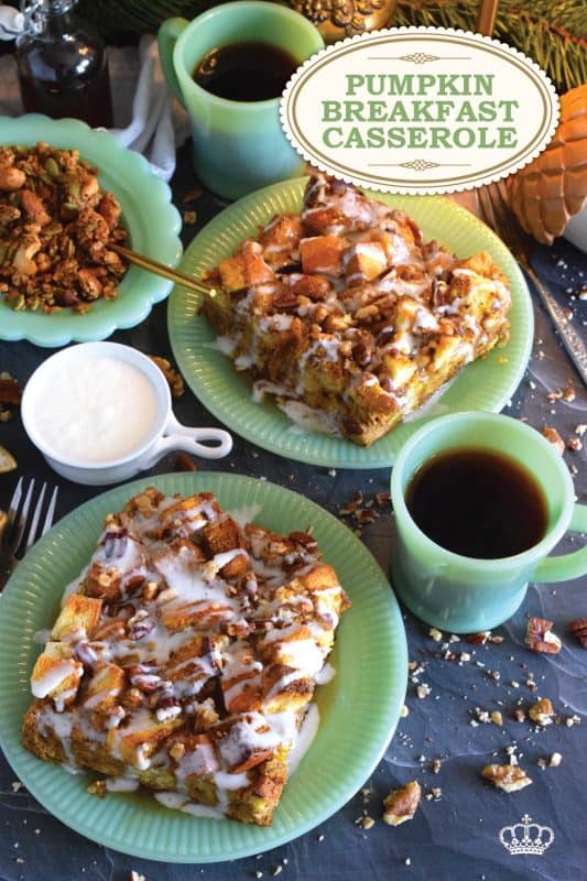 For me, the ultimate comfort food is a casserole. To make it even more comforting, add the warming and cozy flavours of pumpkin spice with pumpkin puree to this Pumpkin Breakfast Casserole! Prepared the night before, brioche bread is layered with chopped pecans and soaked in a pumpkin-infused custard made with cream, maple syrup, and vanilla. Comfort food doesn't get any better than that! #pumpkinspice #casserole #breakfast #brioche #frenchtoast #custard