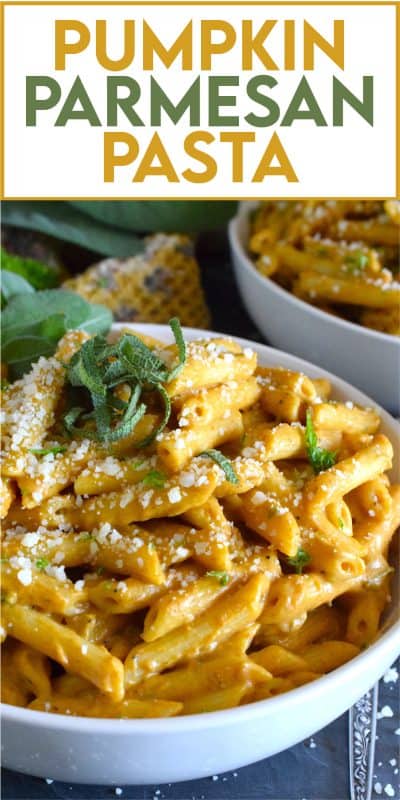 The most delicious and comforting bowl of cool weather pasta awaits! Pumpkin Parmesan Pasta is prepared with a creamy sauce made with pumpkin puree, heavy cream, sour cream, and vegetable stock. Finished with freshly grated parmesan and fresh sage, this is one pasta recipe you'll to make over and over again! #pasta #pumpkin #pumpkinpuree #pumpkinspice #pennepasta #fallrecipes