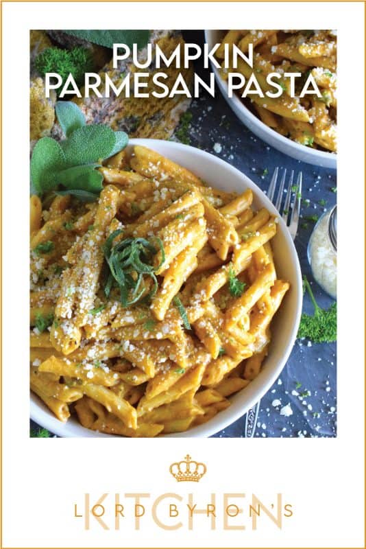 The most delicious and comforting bowl of cool weather pasta awaits! Pumpkin Parmesan Pasta is prepared with a creamy sauce made with pumpkin puree, heavy cream, sour cream, and vegetable stock. Finished with freshly grated parmesan and fresh sage, this is one pasta recipe you'll to make over and over again! #pasta #pumpkin #pumpkinpuree #pumpkinspice #pennepasta #fallrecipes