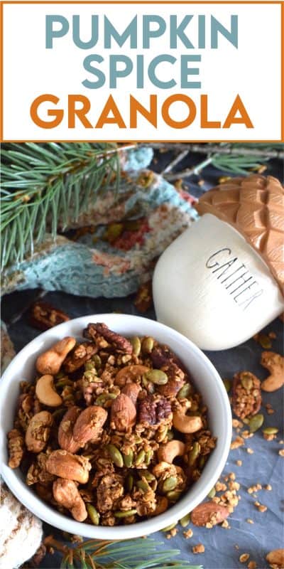 Prepared with both pumpkin puree and pumpkin spice, this Pumpkin Spice Granola is packed with good-for-you ingredients. Almonds, cashews, pecans, and pumpkin seeds help to flavour and bulk up this deliciously healthy snack. Baked with maple syrup and brown sugar, this granola makes a very delicious giftable treat too! #pumpkinspice #granola #pumpkin