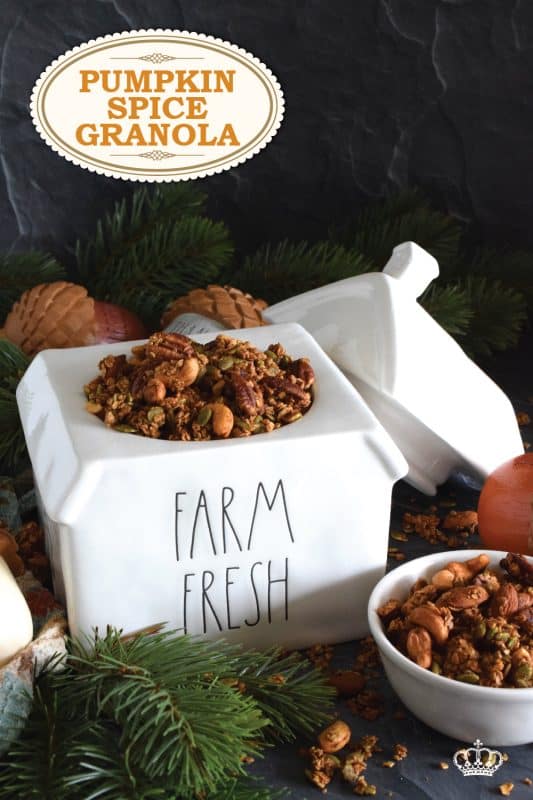 Prepared with both pumpkin puree and pumpkin spice, this Pumpkin Spice Granola is packed with good-for-you ingredients. Almonds, cashews, pecans, and pumpkin seeds help to flavour and bulk up this deliciously healthy snack. Baked with maple syrup and brown sugar, this granola makes a very delicious giftable treat too! #pumpkinspice #granola #pumpkin