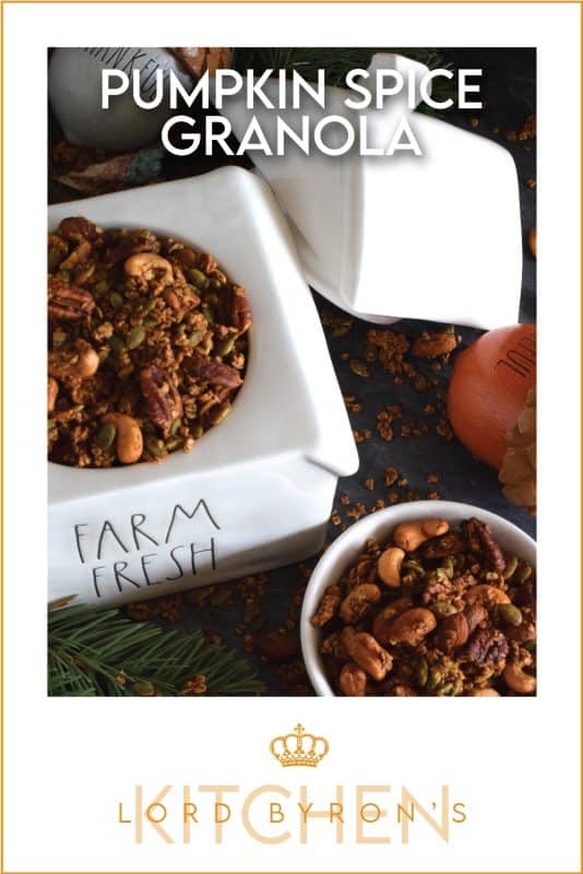 Prepared with both pumpkin puree and pumpkin spice, this Pumpkin Spice Granola is packed with good-for-you ingredients. Almonds, cashews, pecans, and pumpkin seeds help to flavour and bulk up this deliciously healthy snack. Baked with maple syrup and brown sugar, this granola makes a very delicious giftable treat too! #pumpkinspice #granola #pumpkin