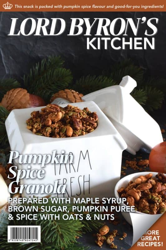Prepared with both pumpkin puree and pumpkin spice, this Pumpkin Spice Granola is packed with good-for-you ingredients. Almonds, cashews, pecans, and pumpkin seeds help to flavour and bulk up this deliciously healthy snack. Baked with maple syrup and brown sugar, this granola makes a very delicious giftable treat too! #pumpkinspice #granola #pumpkin