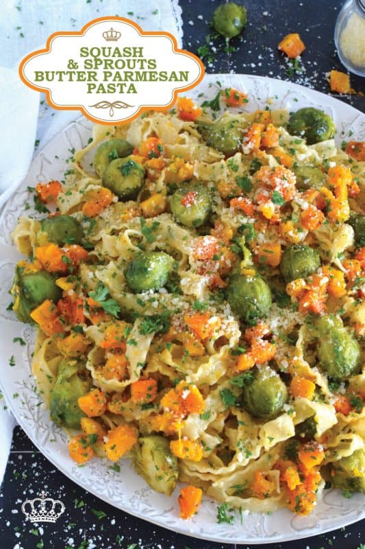 Squash and Sprouts Butter Parmesan Pasta is prepared with both brussels sprouts and butternut squash, making this pasta dish perfect for a cool, autumn evening dinner! Utilizing frozen veggies, this pasta is not only super delicious, but it comes together quite quickly with very little prep work too! #pasta #squash #butternut #sprouts #brussels
