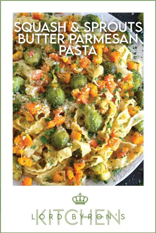 Squash and Sprouts Butter Parmesan Pasta is prepared with both brussels sprouts and butternut squash, making this pasta dish perfect for a cool, autumn evening dinner! Utilizing frozen veggies, this pasta is not only super delicious, but it comes together quite quickly with very little prep work too! #pasta #squash #butternut #sprouts #brussels