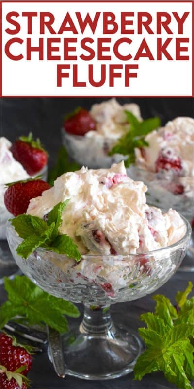 How would you like to prepare a delicious dessert in about ten minutes from start to finish? Strawberry Cheesecake Fluff will allow you to do just that! Prepared with cream cheese, cool whip, vanilla, and strawberries, this dessert is light and fluffy and perfectly refreshing for a warm summer day! #strawberry #cheesecake #nobake #dessert #strawberries #coolwhip #creamcheese