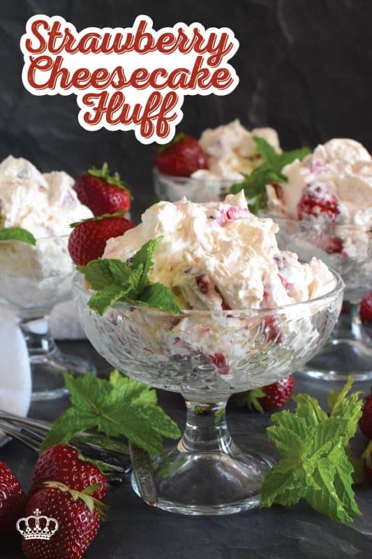 How would you like to prepare a delicious dessert in about ten minutes from start to finish? Strawberry Cheesecake Fluff will allow you to do just that! Prepared with cream cheese, cool whip, vanilla, and strawberries, this dessert is light and fluffy and perfectly refreshing for a warm summer day! #strawberry #cheesecake #nobake #dessert #strawberries #coolwhip #creamcheese