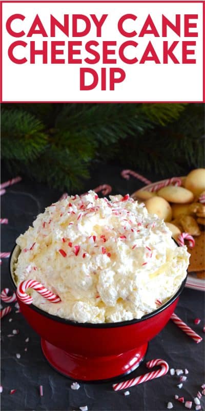 Prepared with cream cheese, cool whip, peppermint extract, and crushed candy canes, this Candy Cane Cheesecake Dip is a deliciously cool and refreshing appetizer or dessert idea! Serve with your favourite dippers like chocolate graham crackers, pretzels, vanilla wafers, or Oreos! #candycane #peppermint #dessert #dip #christmas #holidays #nobake