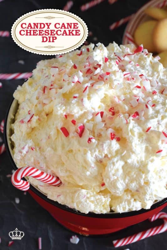 Prepared with cream cheese, cool whip, peppermint extract, and crushed candy canes, this Candy Cane Cheesecake Dip is a deliciously cool and refreshing appetizer or dessert idea! Serve with your favourite dippers like chocolate graham crackers, pretzels, vanilla wafers, or Oreos! #candycane #peppermint #dessert #dip #christmas #holidays #nobake