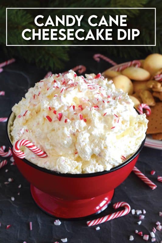 Prepared with cream cheese, cool whip, peppermint extract, and crushed candy canes, this Candy Cane Cheesecake Dip is a deliciously cool and refreshing appetizer or dessert idea! Serve with your favourite dippers like chocolate graham crackers, pretzels, vanilla wafers, or Oreos! #candycane #peppermint #dessert #dip #christmas #holidays #nobake
