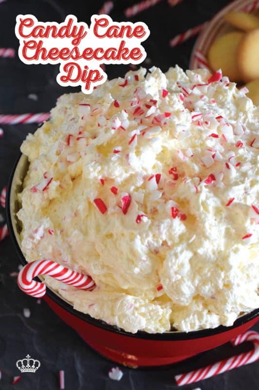 Prepared with cream cheese, cool whip, peppermint extract, and crushed candy canes, this Candy Cane Cheesecake Dip is a deliciously cool and refreshing appetizer or dessert idea! Serve with your favourite dippers like chocolate graham crackers, pretzels, vanilla wafers, or Oreos! #candycane #peppermint #dessert #dip #christmas #holidays #nobake