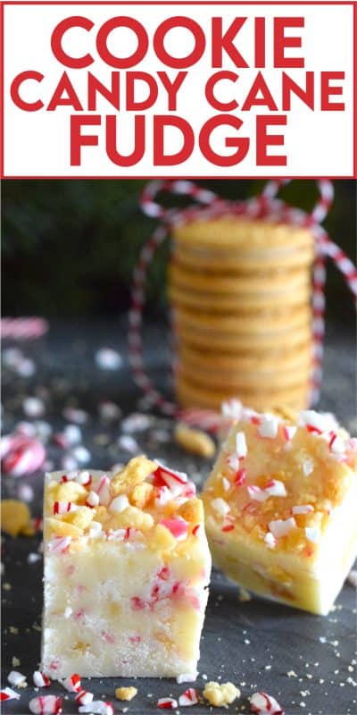 This no-bake fudge recipe is packed full of crushed cookies and crushed candy canes too. Made with melted white chocolate and canned sweetened condensed milk, Cookie Candy Cane Fudge is super easy and fast to make and tastes delicious too! #fudge #candycane #peppermint #nobake #cookie