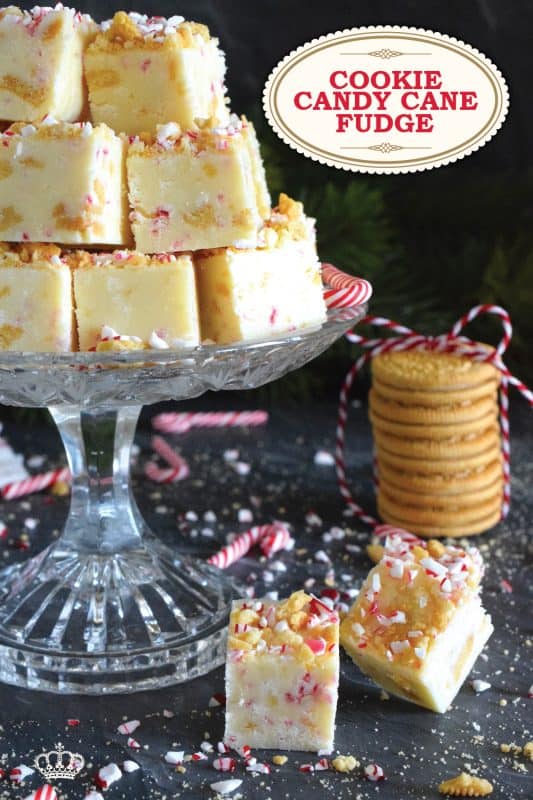 This no-bake fudge recipe is packed full of crushed cookies and crushed candy canes too. Made with melted white chocolate and canned sweetened condensed milk, Cookie Candy Cane Fudge is super easy and fast to make and tastes delicious too! #fudge #candycane #peppermint #nobake #cookie