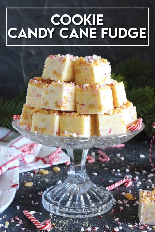 This no-bake fudge recipe is packed full of crushed cookies and crushed candy canes too. Made with melted white chocolate and canned sweetened condensed milk, Cookie Candy Cane Fudge is super easy and fast to make and tastes delicious too! #fudge #candycane #peppermint #nobake #cookie
