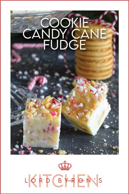 This no-bake fudge recipe is packed full of crushed cookies and crushed candy canes too. Made with melted white chocolate and canned sweetened condensed milk, Cookie Candy Cane Fudge is super easy and fast to make and tastes delicious too! #fudge #candycane #peppermint #nobake #cookie